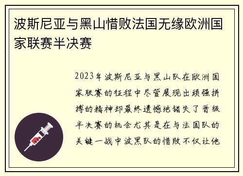波斯尼亚与黑山惜败法国无缘欧洲国家联赛半决赛